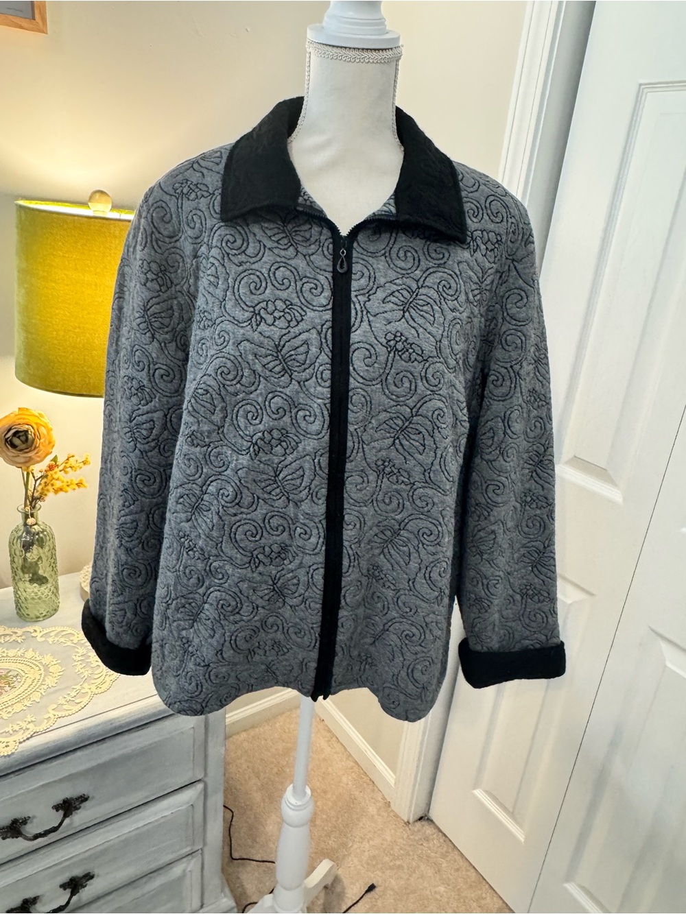 Alfred Dunner Grey Butterfly Textured Zip-Up Jacket/Coat | Size 20W